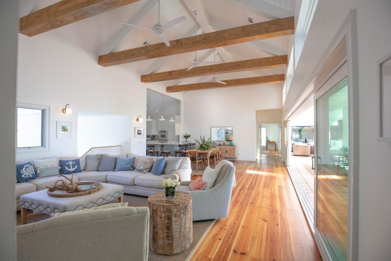 Great room with cathedral ceilings and beams