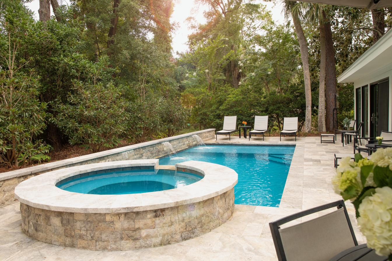 Private heated pool and spa at dusk, 8 Juniper